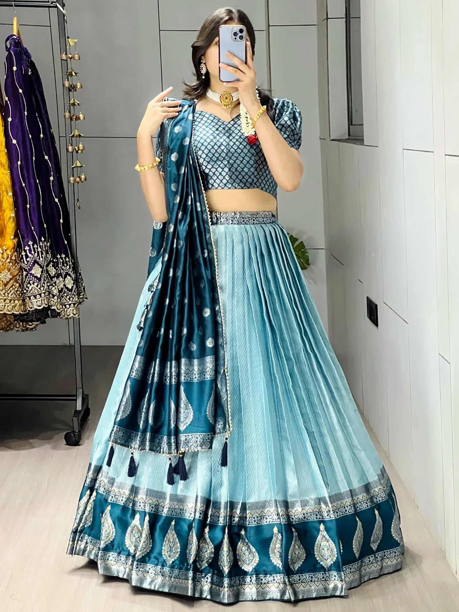 Blue Great And Zari Weaving Silk Wedding Wear Lehenga Choli