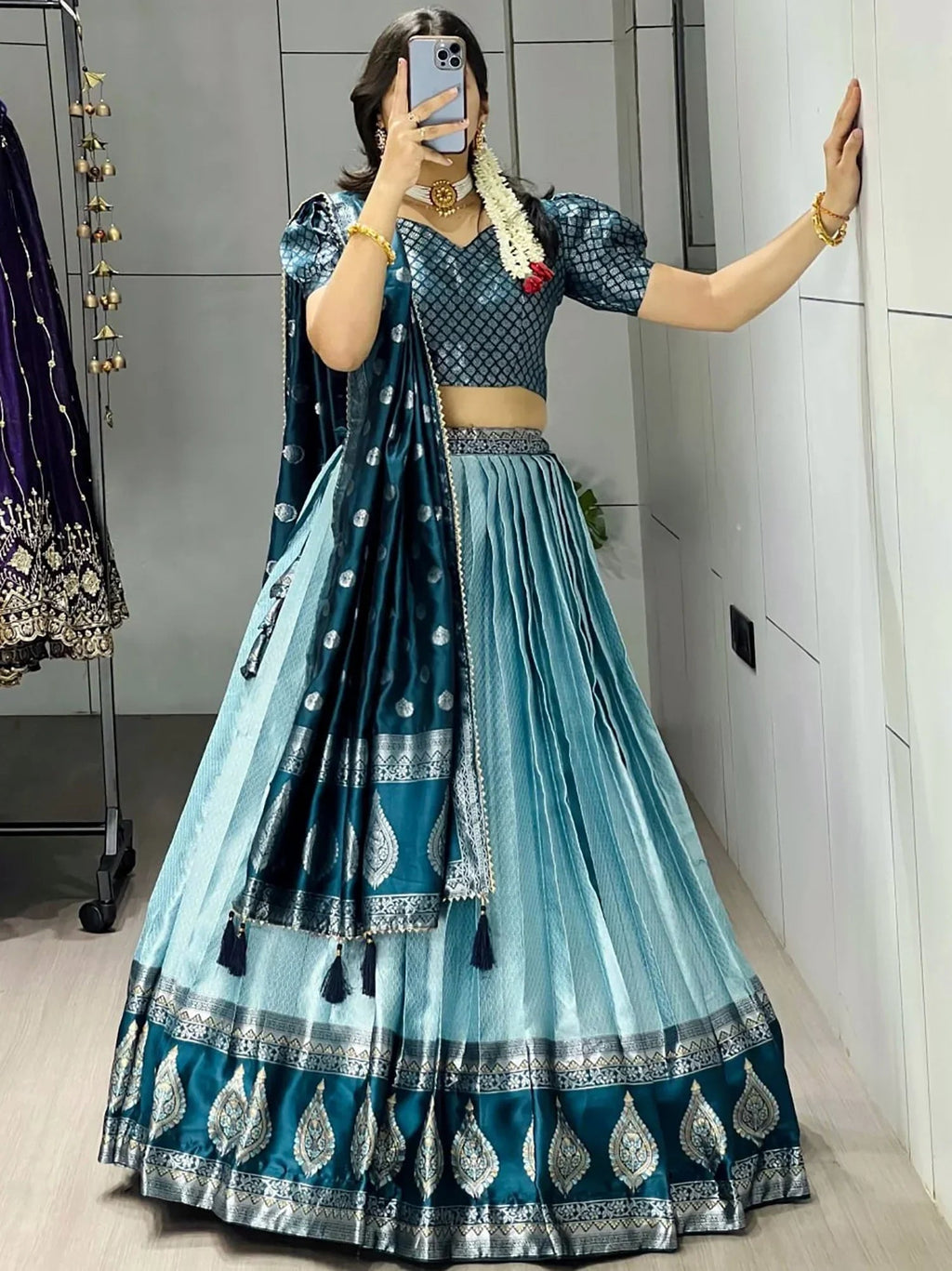 Blue Great And Zari Weaving Silk Wedding Wear Lehenga Choli