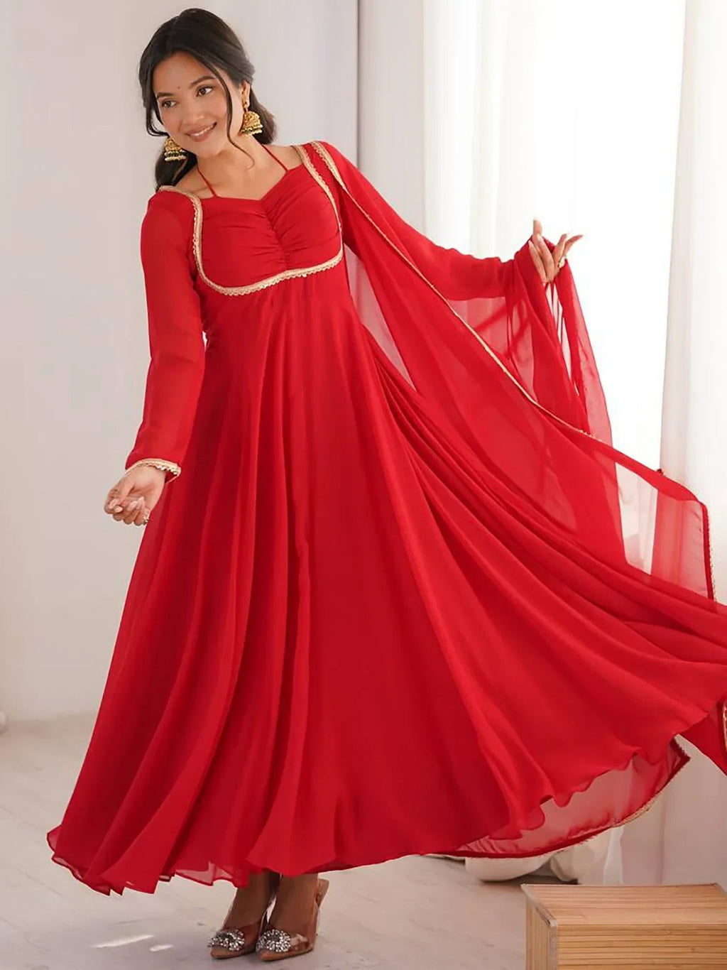Red Dazzling Georgette Festival Wear Gown With Dupatta