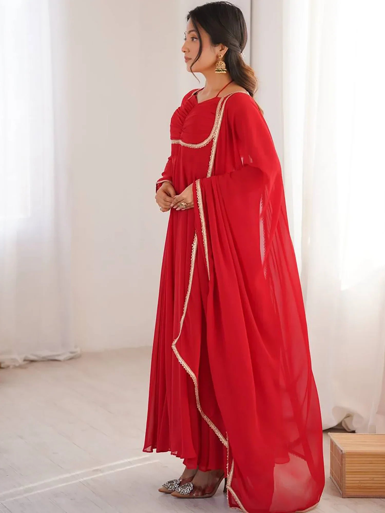 Red Dazzling Georgette Festival Wear Gown With Dupatta