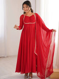 Red Dazzling Georgette Festival Wear Gown With Dupatta