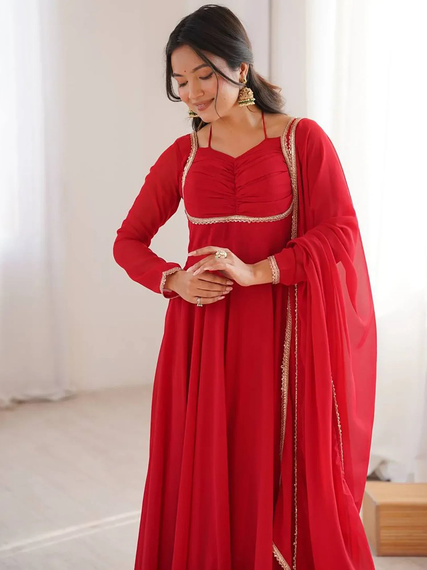Red Dazzling Georgette Festival Wear Gown With Dupatta