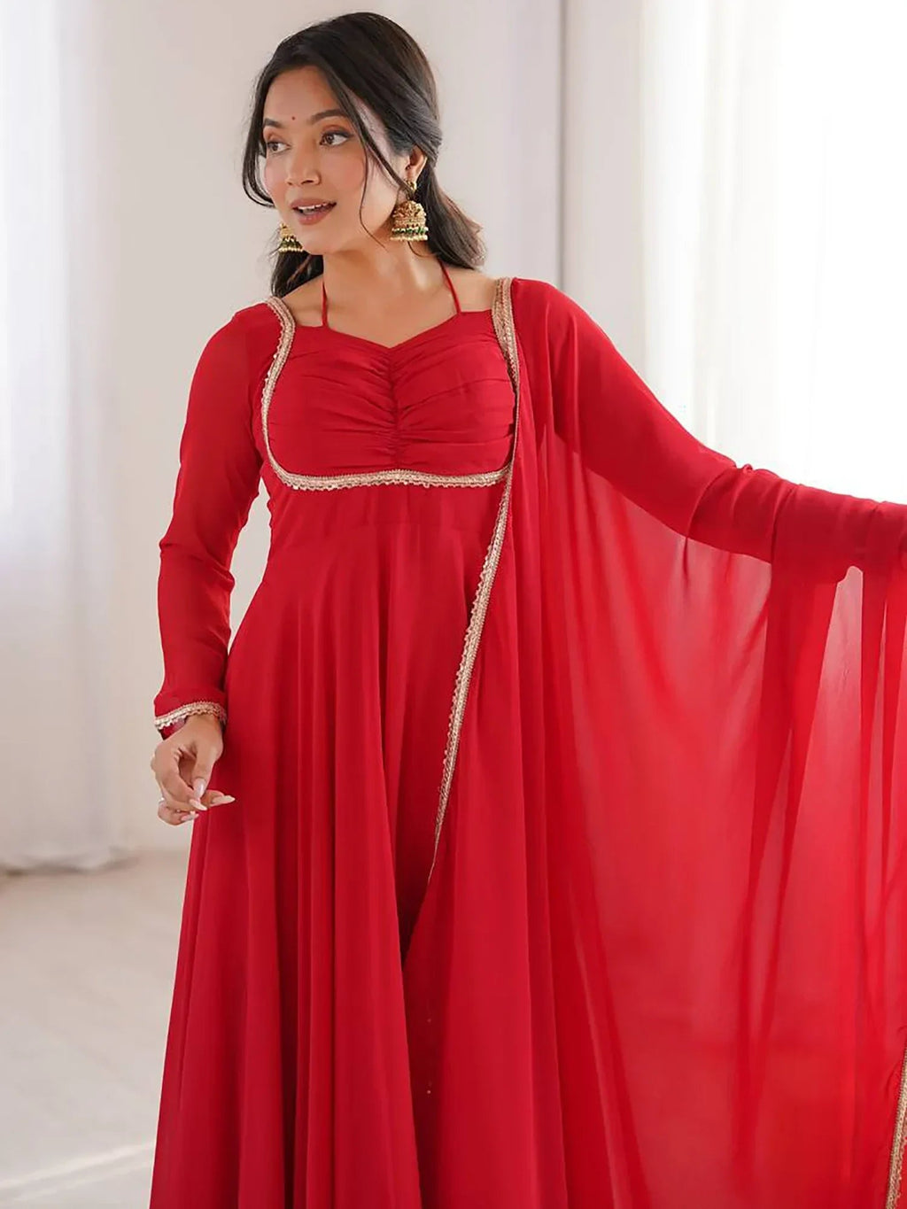 Red Dazzling Georgette Festival Wear Gown With Dupatta
