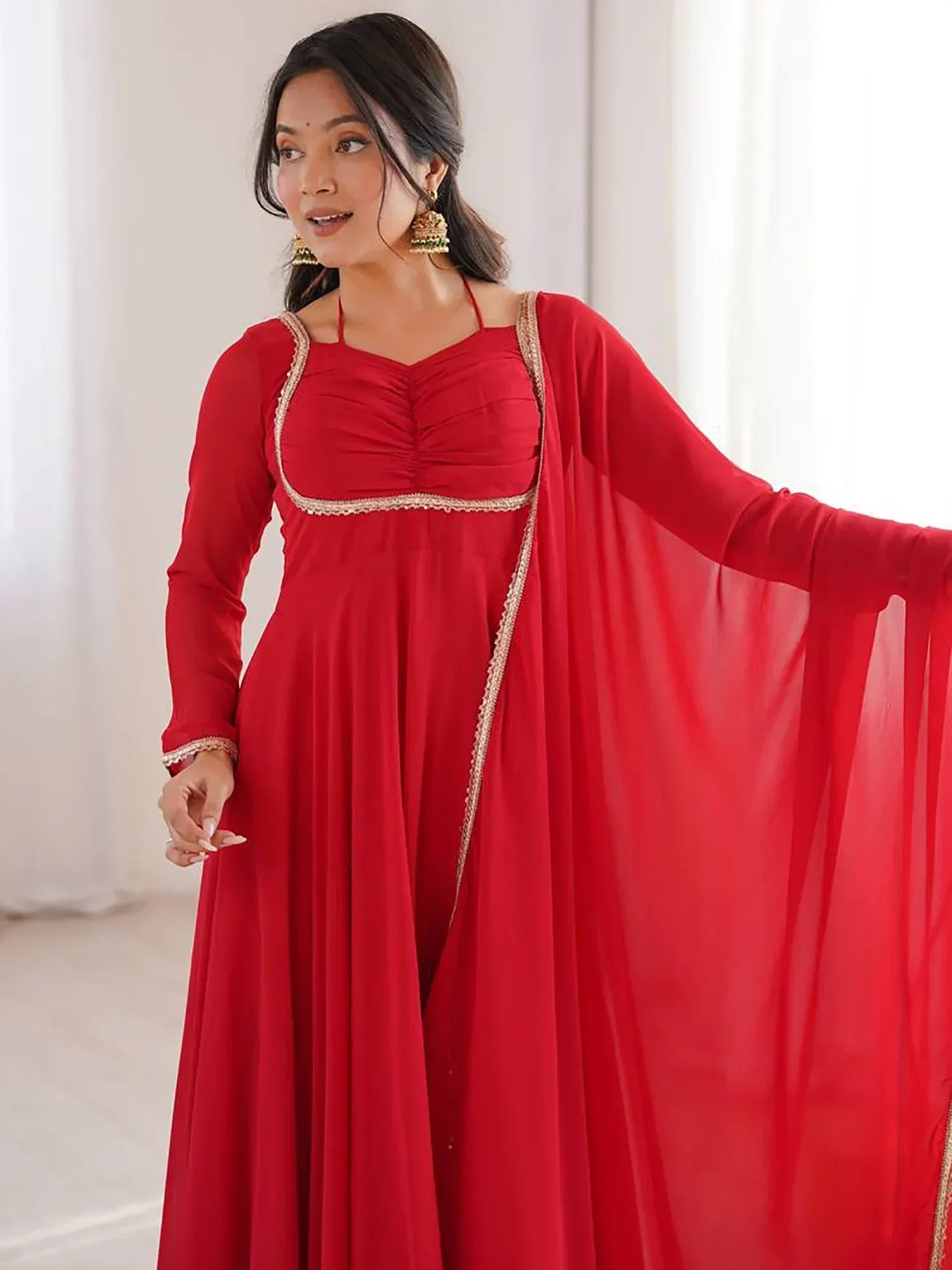 Red Dazzling Georgette Festival Wear Gown With Dupatta