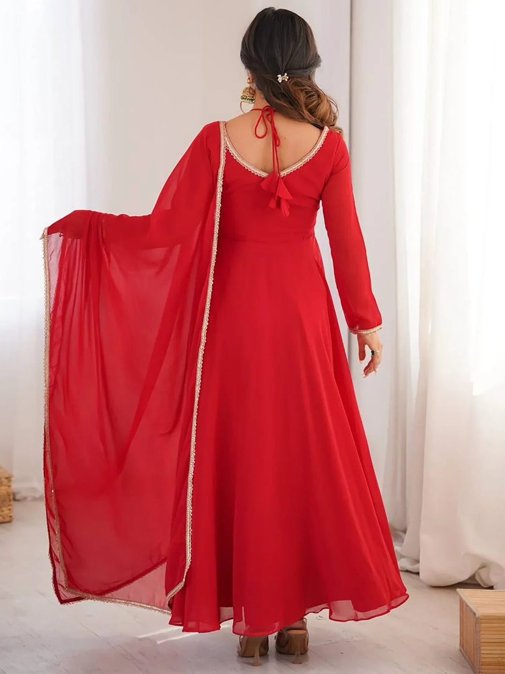 Red Dazzling Georgette Festival Wear Gown With Dupatta