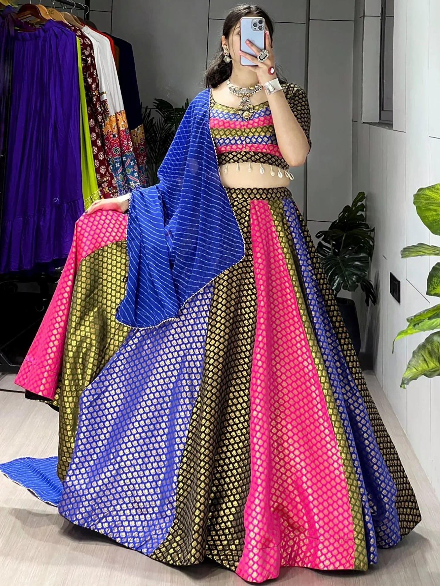 Stunning Multi-Colour Butti Work Silk Traditional Lehenga Choli