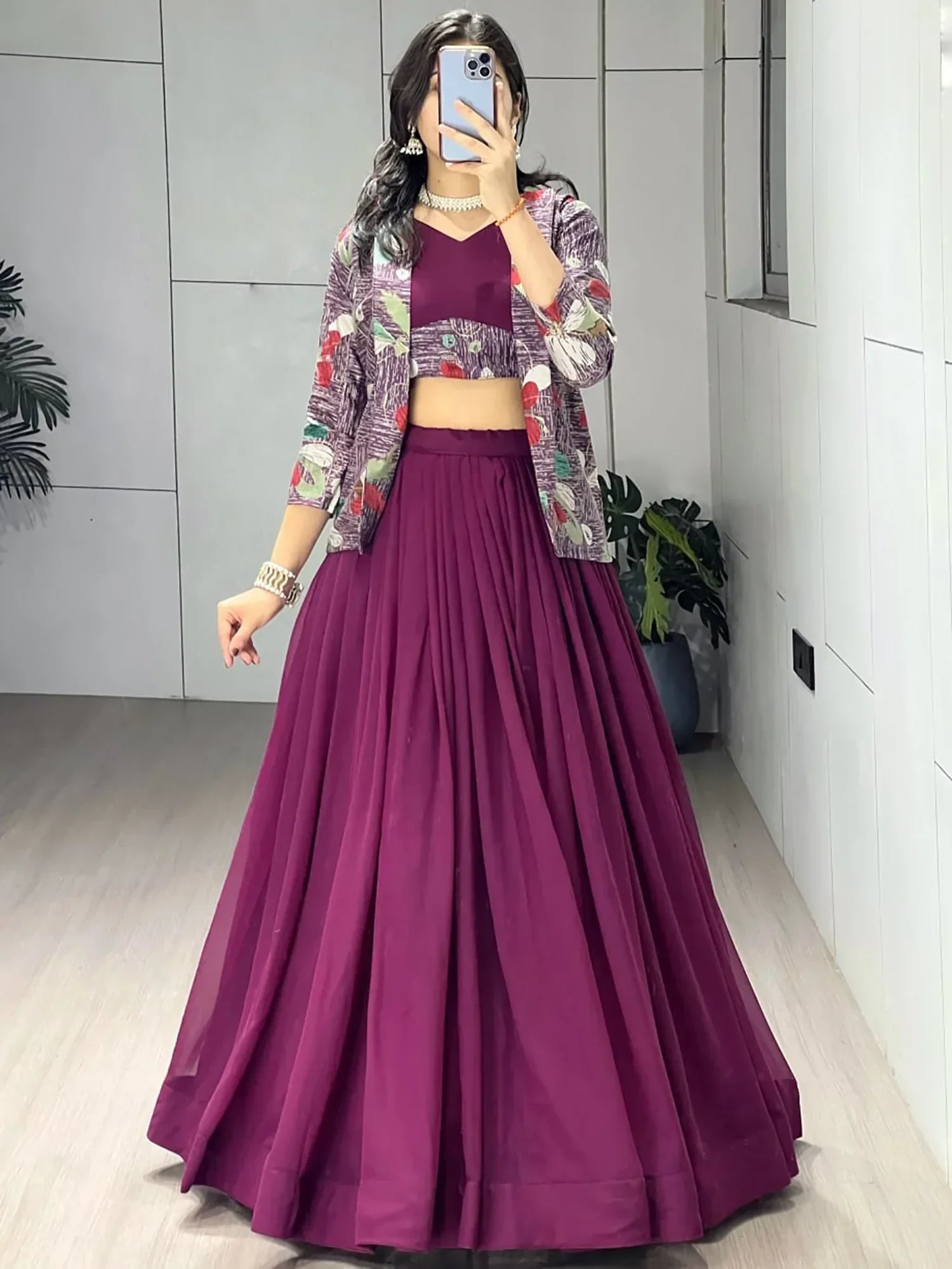 Wine Classic Printed Georgette Festive Wear Lehenga Choli With Koti