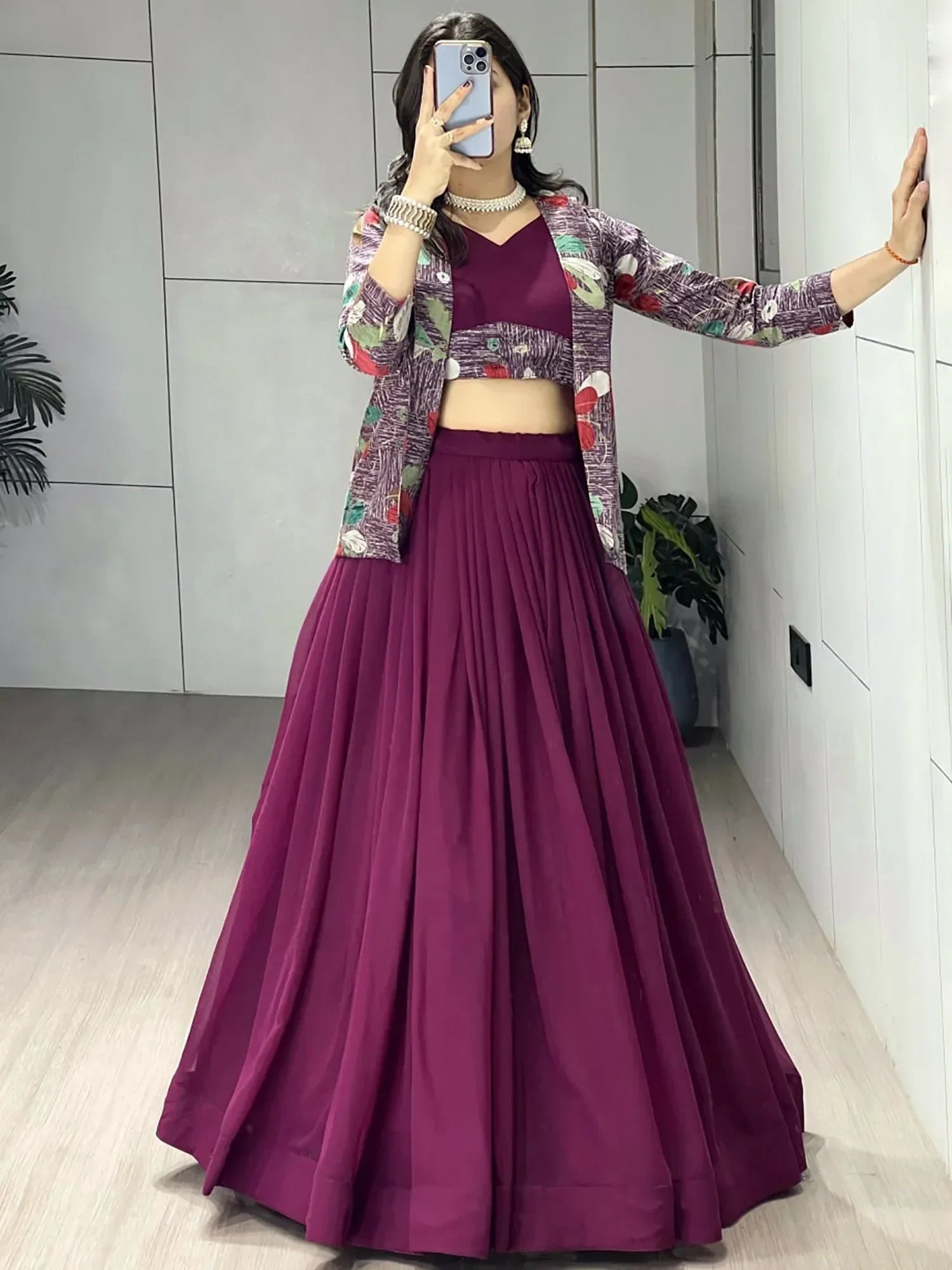 Wine Classic Printed Georgette Festive Wear Lehenga Choli With Koti
