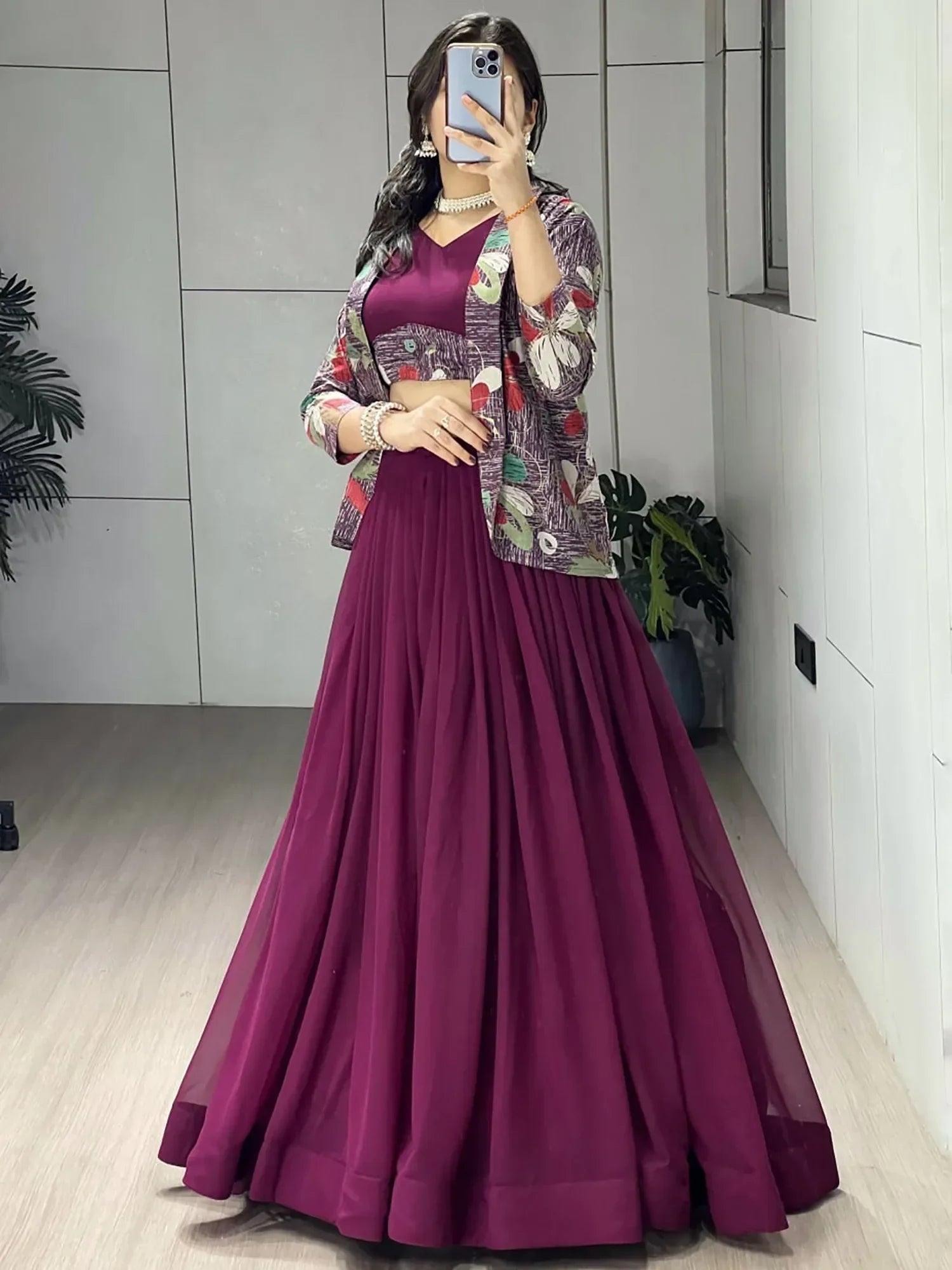 Wine Classic Printed Georgette Festive Wear Lehenga Choli With Koti