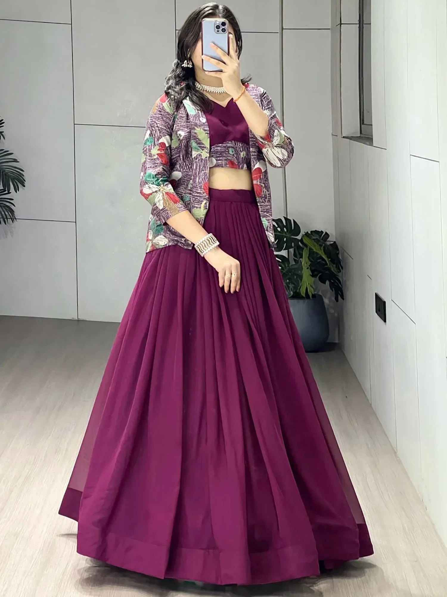 Wine Classic Printed Georgette Festive Wear Lehenga Choli With Koti