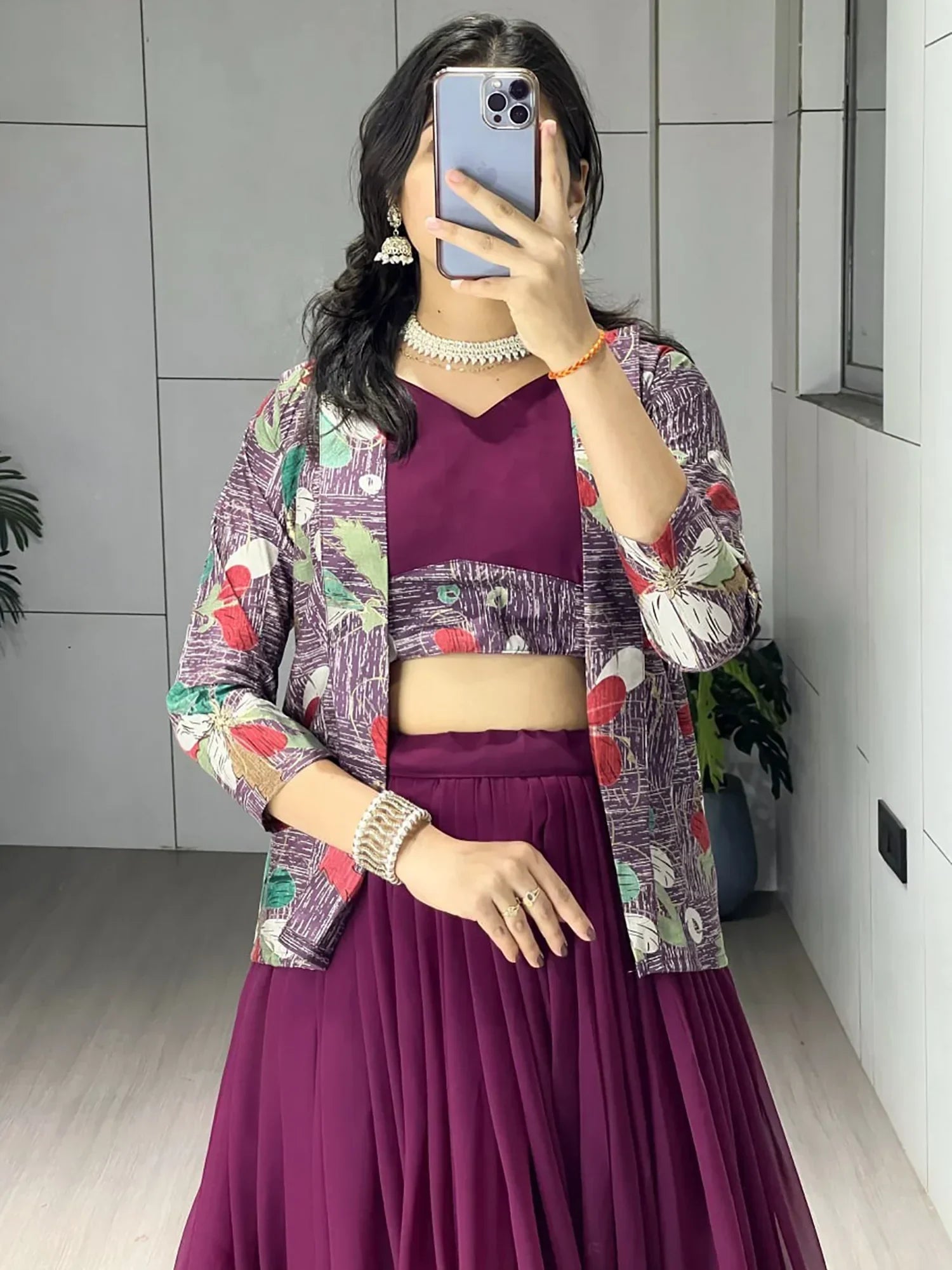Wine Classic Printed Georgette Festive Wear Lehenga Choli With Koti