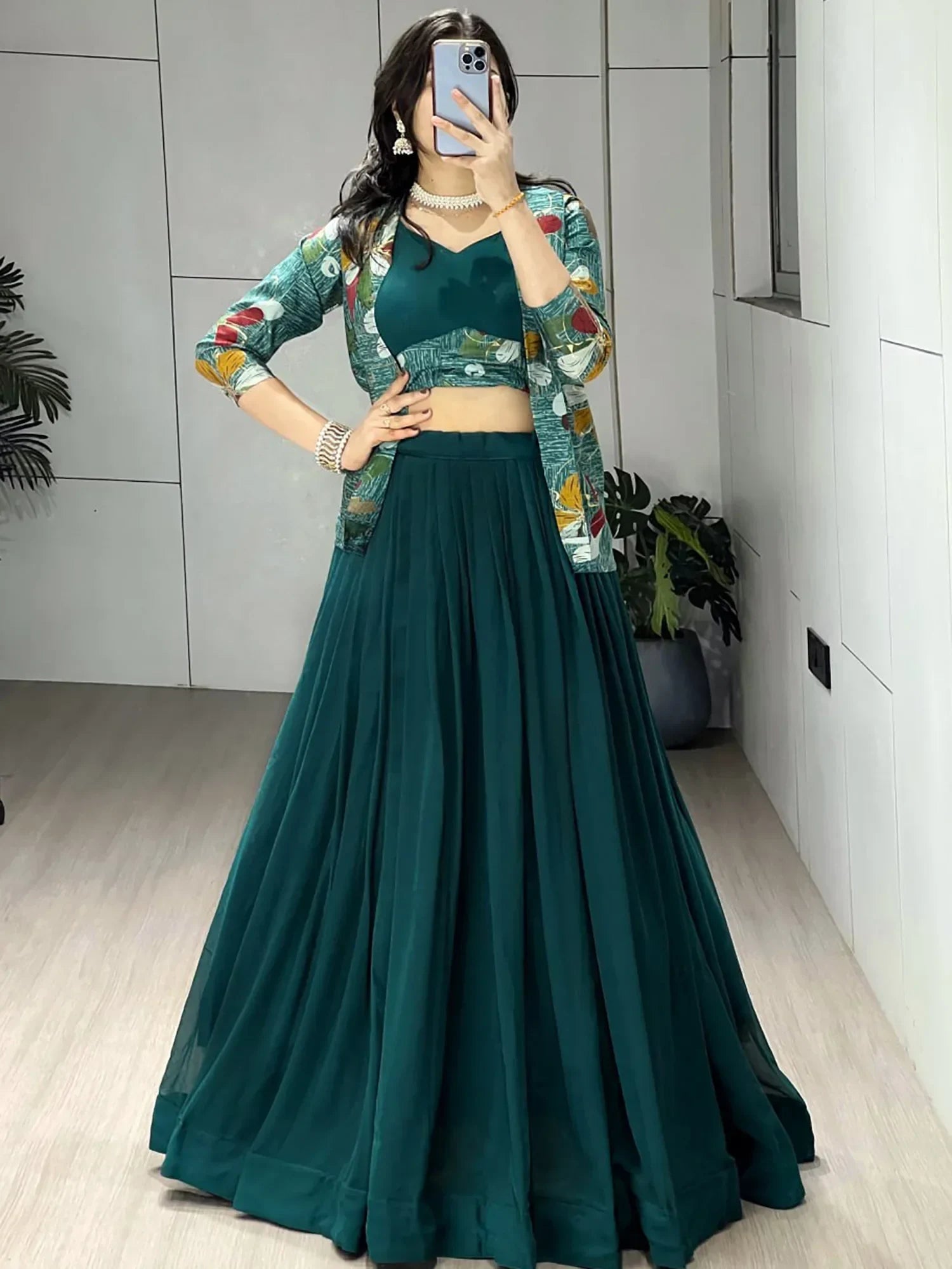 Green Classic Printed Georgette Festive Wear Lehenga Choli With Koti