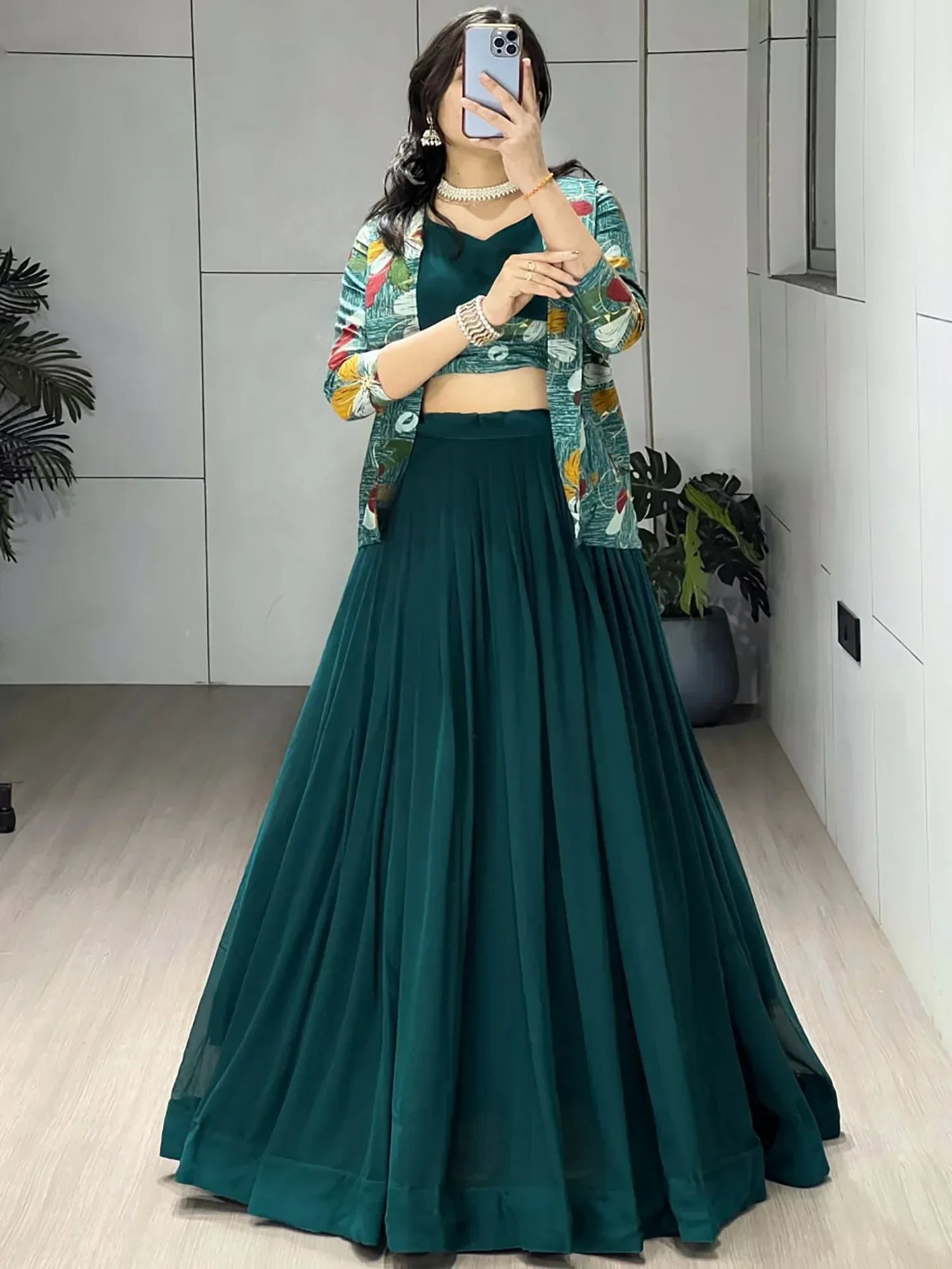 Green Classic Printed Georgette Festive Wear Lehenga Choli With Koti