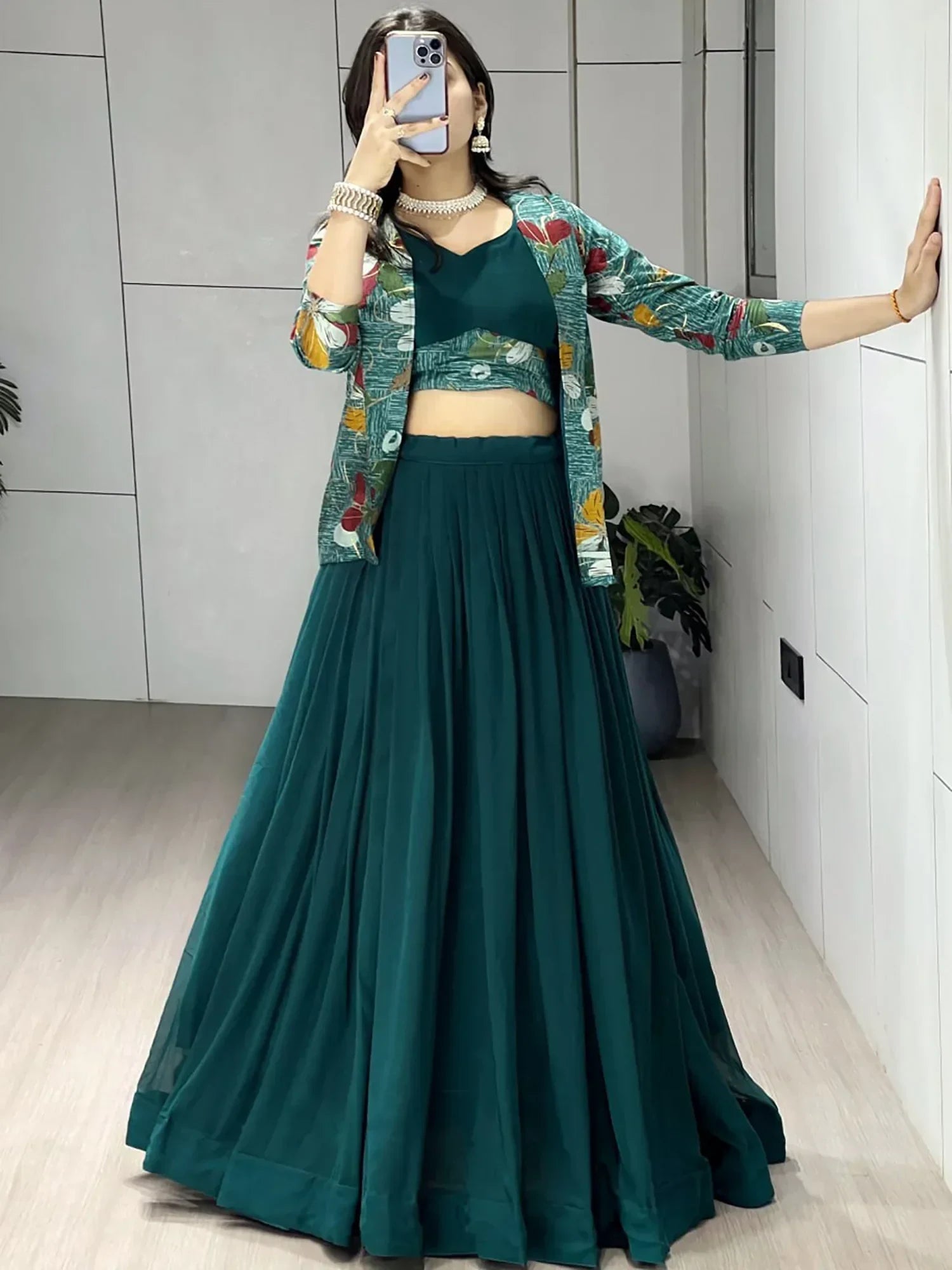 Green Classic Printed Georgette Festive Wear Lehenga Choli With Koti