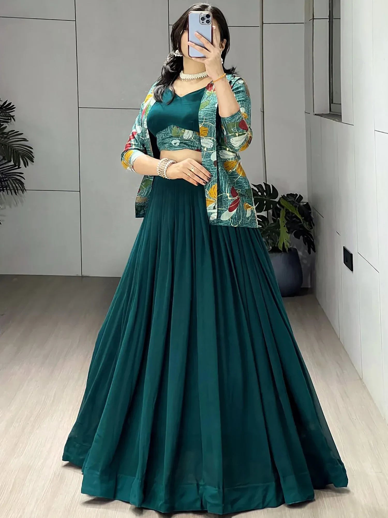 Green Classic Printed Georgette Festive Wear Lehenga Choli With Koti