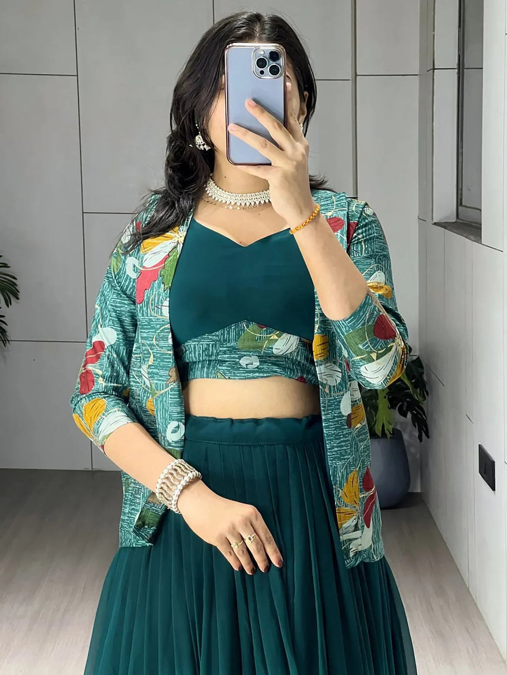 Green Classic Printed Georgette Festive Wear Lehenga Choli With Koti