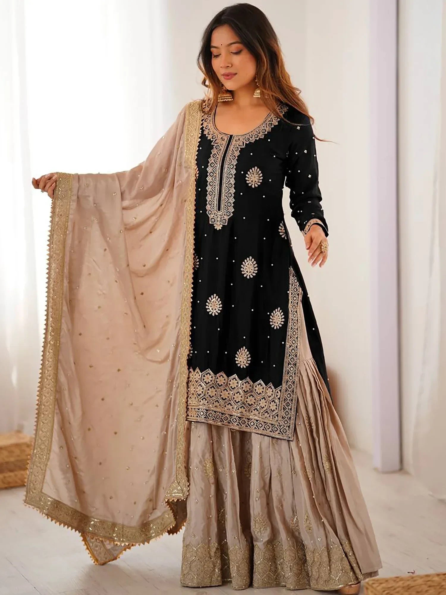 Black Gorgeous Embroidered Silk Festival Wear Sharara Suit With Dupatta