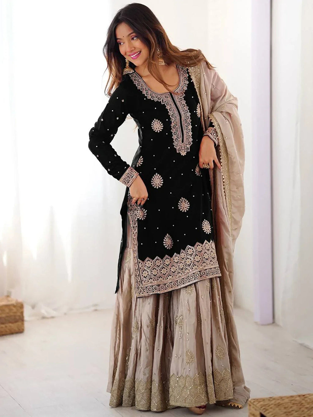 Black Gorgeous Embroidered Silk Festival Wear Sharara Suit With Dupatta