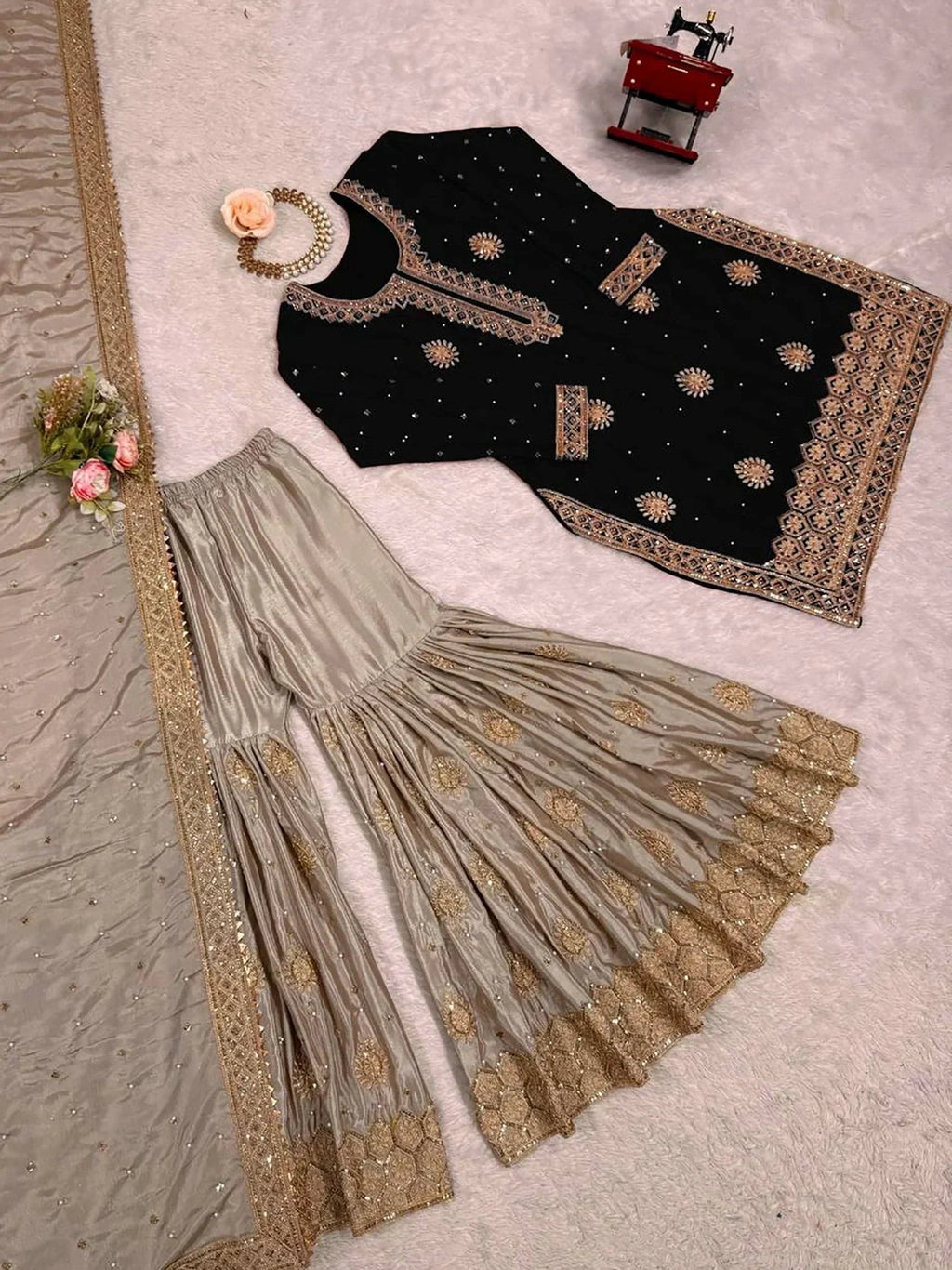 Black Gorgeous Embroidered Silk Festival Wear Sharara Suit With Dupatta
