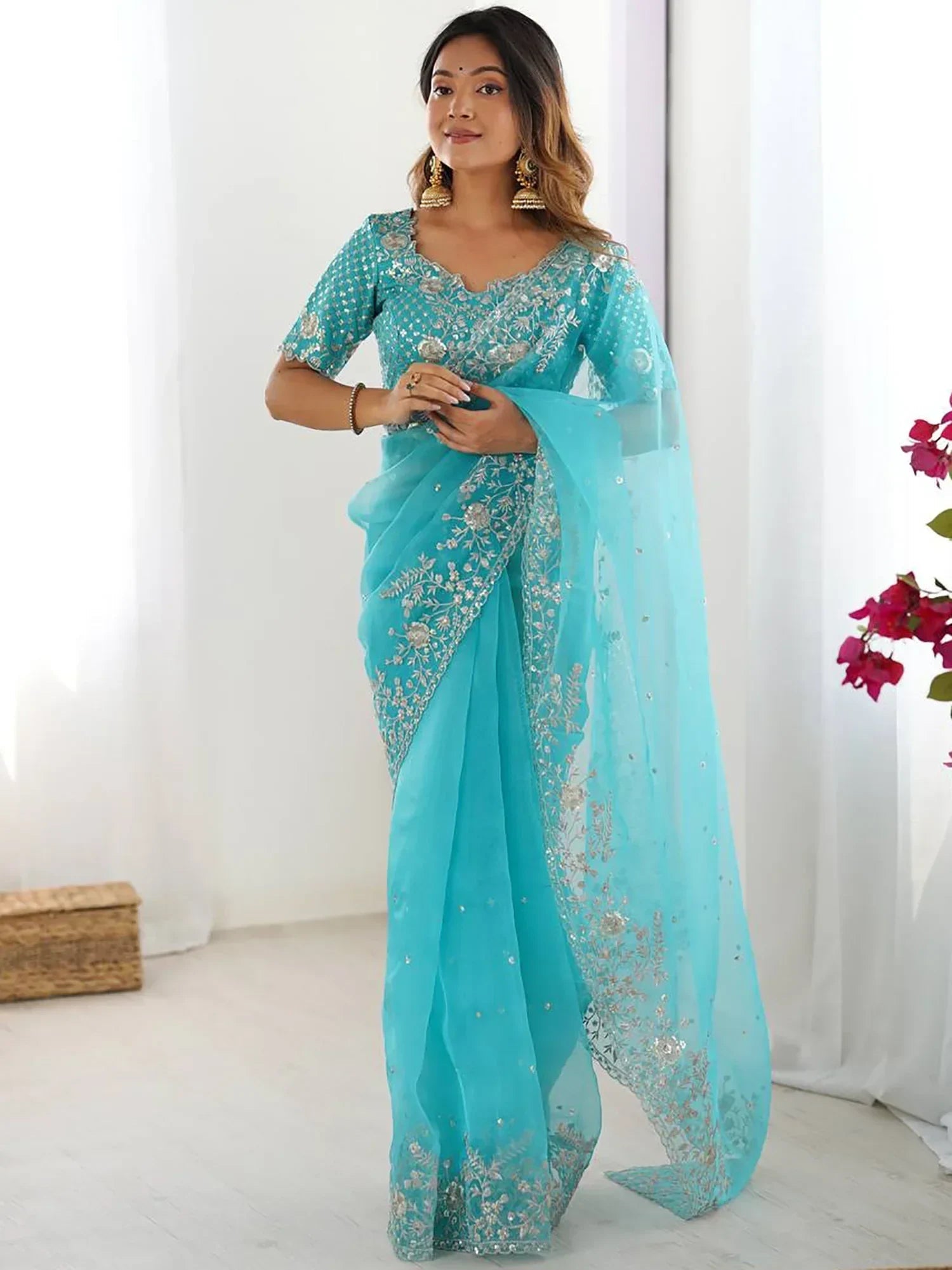 Sky Blue Beautiful Embroidered Organza Festive Wear Saree With Blouse