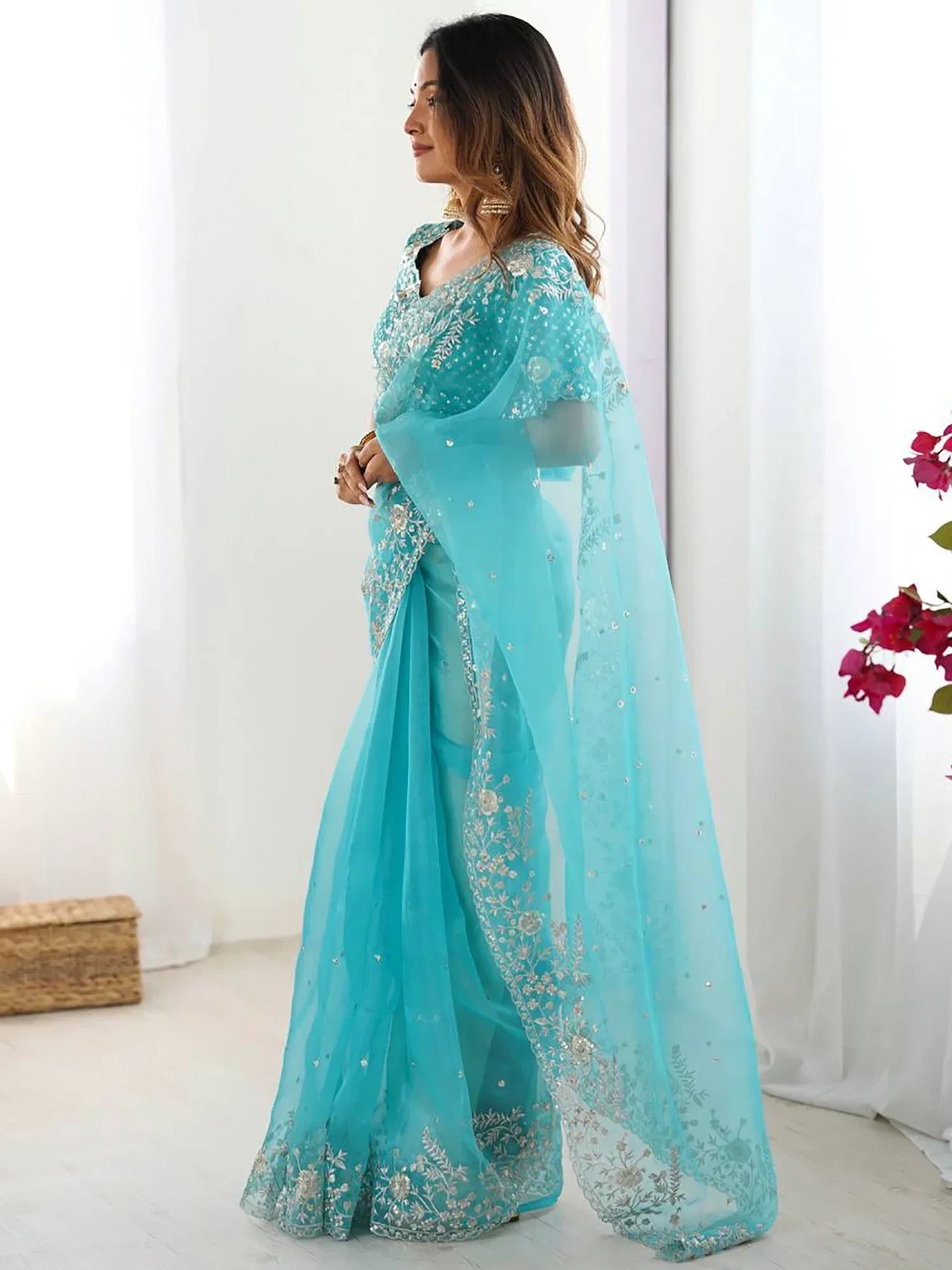 Sky Blue Beautiful Embroidered Organza Festive Wear Saree With Blouse
