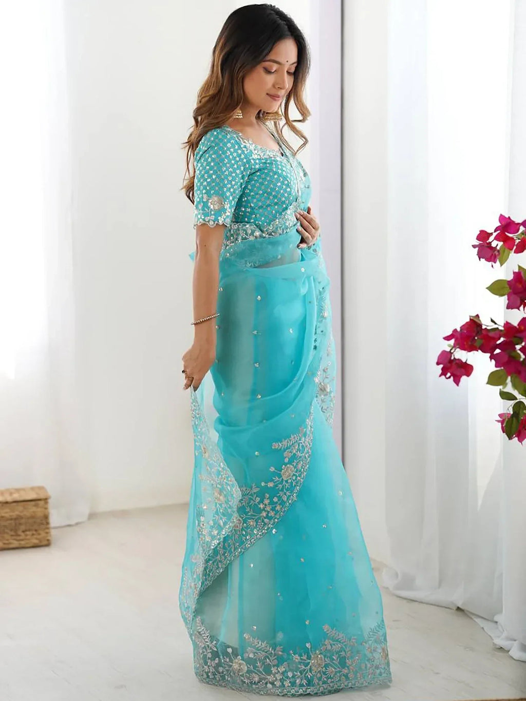 Sky Blue Beautiful Embroidered Organza Festive Wear Saree With Blouse