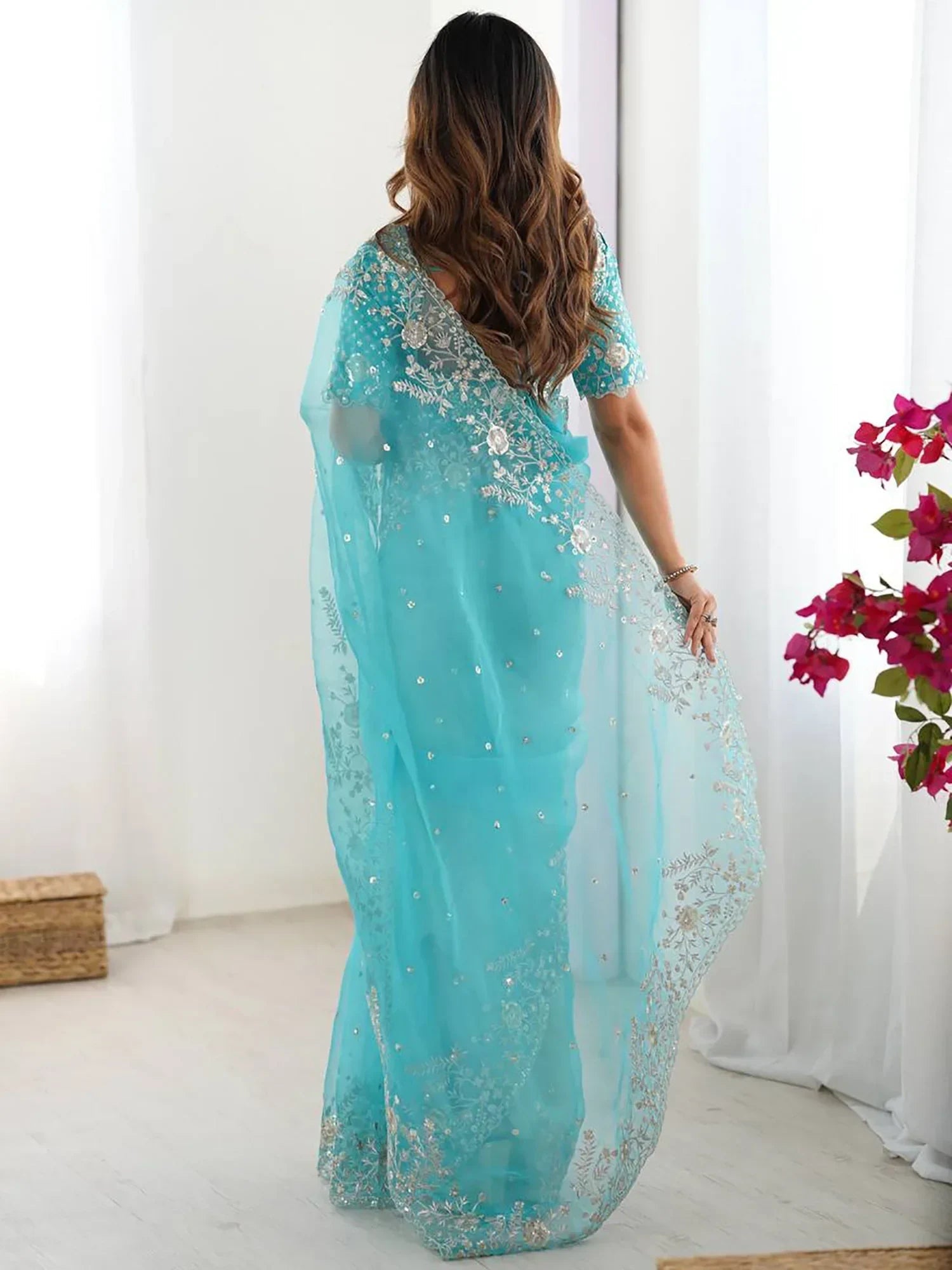 Sky Blue Beautiful Embroidered Organza Festive Wear Saree With Blouse