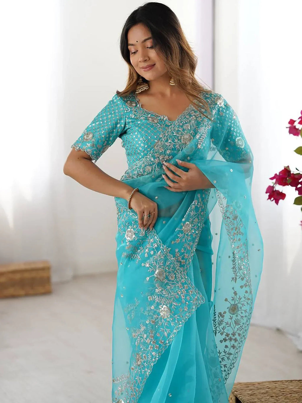 Sky Blue Beautiful Embroidered Organza Festive Wear Saree With Blouse