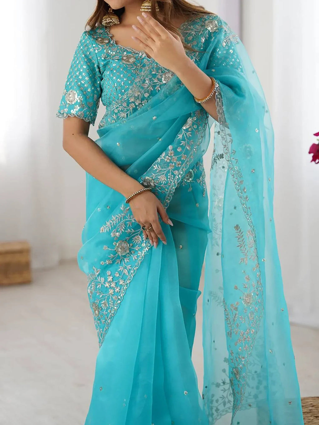 Sky Blue Beautiful Embroidered Organza Festive Wear Saree With Blouse