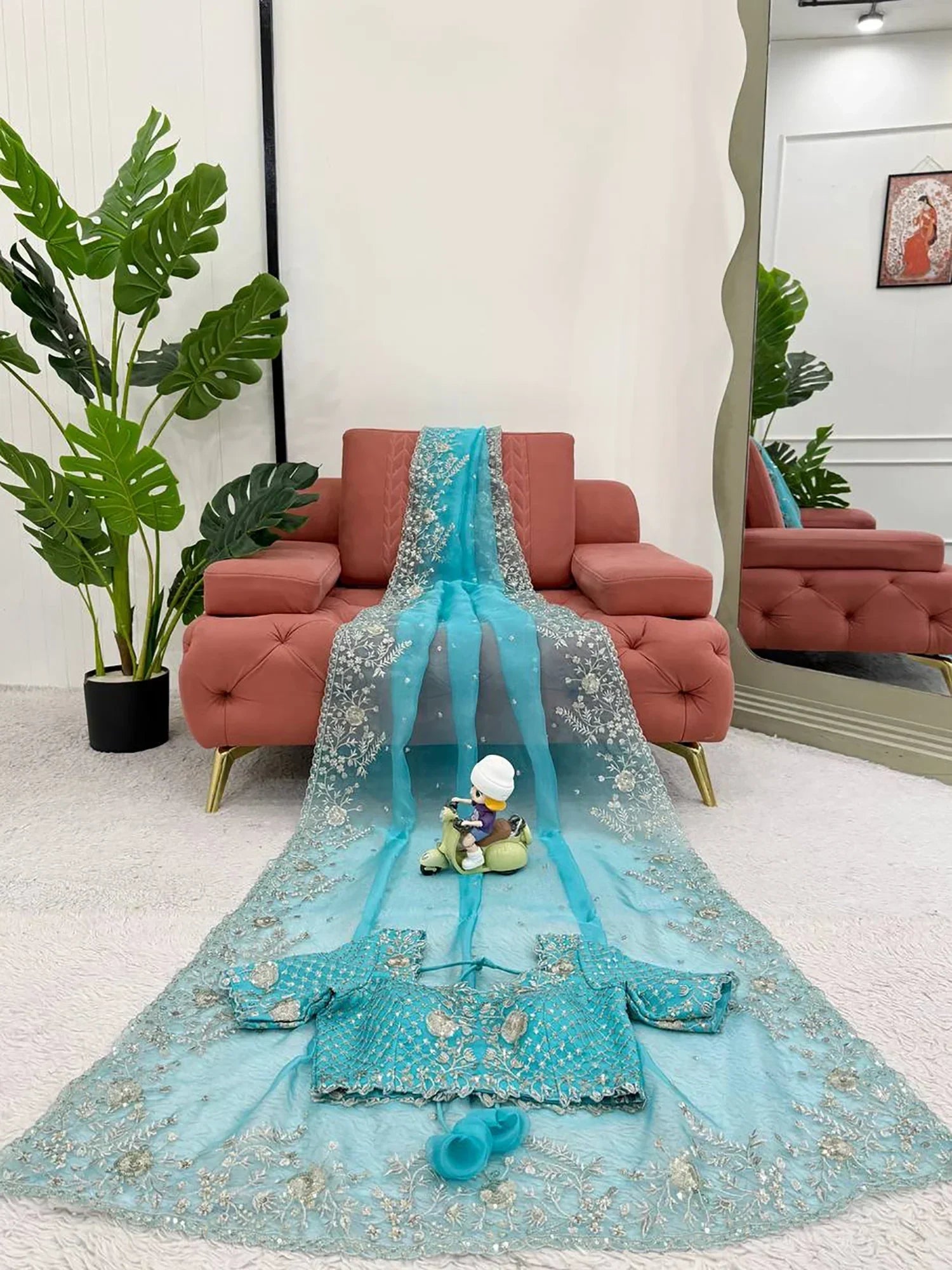 Sky Blue Beautiful Embroidered Organza Festive Wear Saree With Blouse