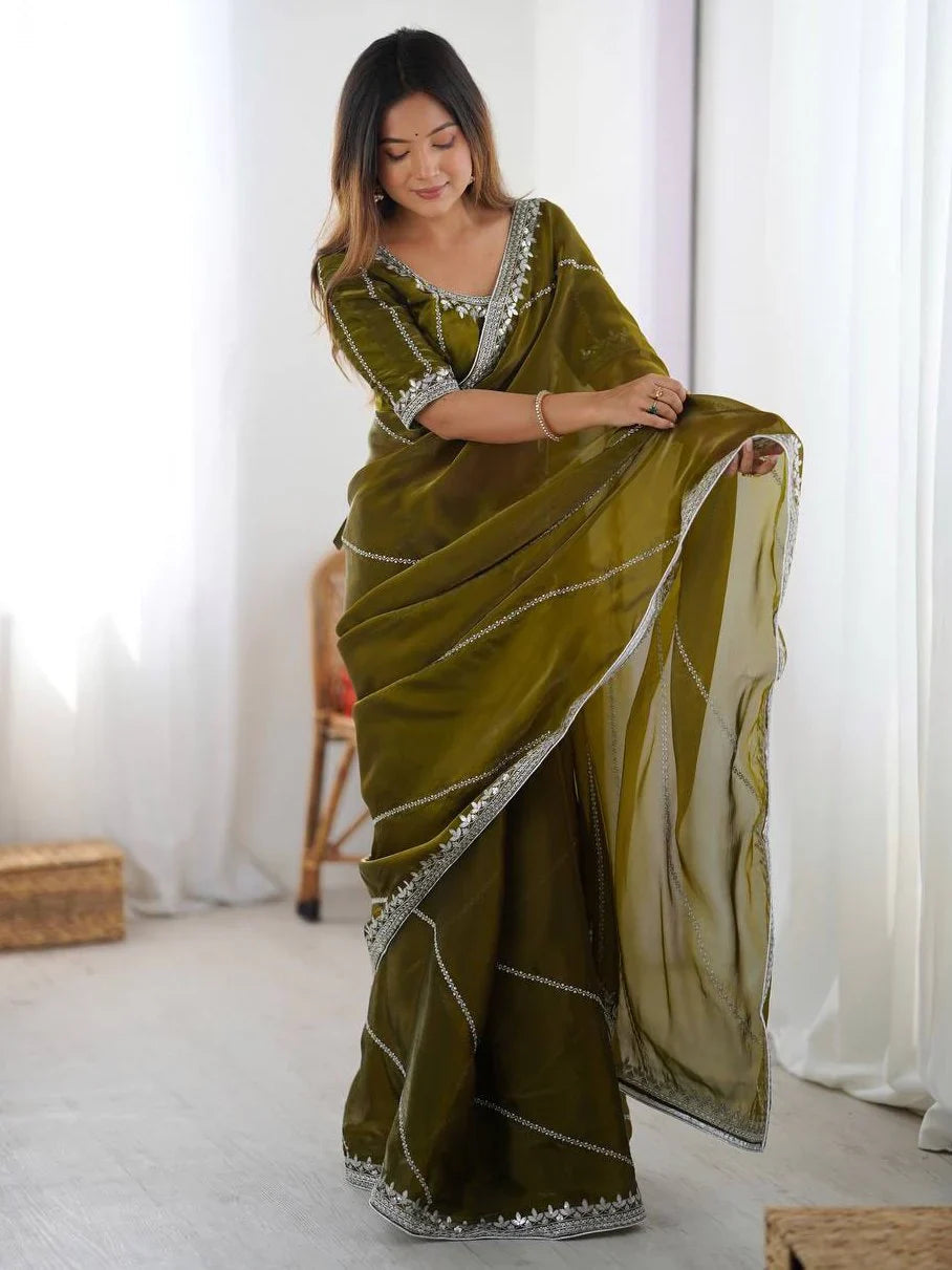 Green Elegant Sequins Silk Reception Wear Saree With Blouse