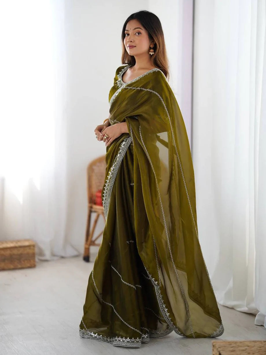 Green Elegant Sequins Silk Reception Wear Saree With Blouse