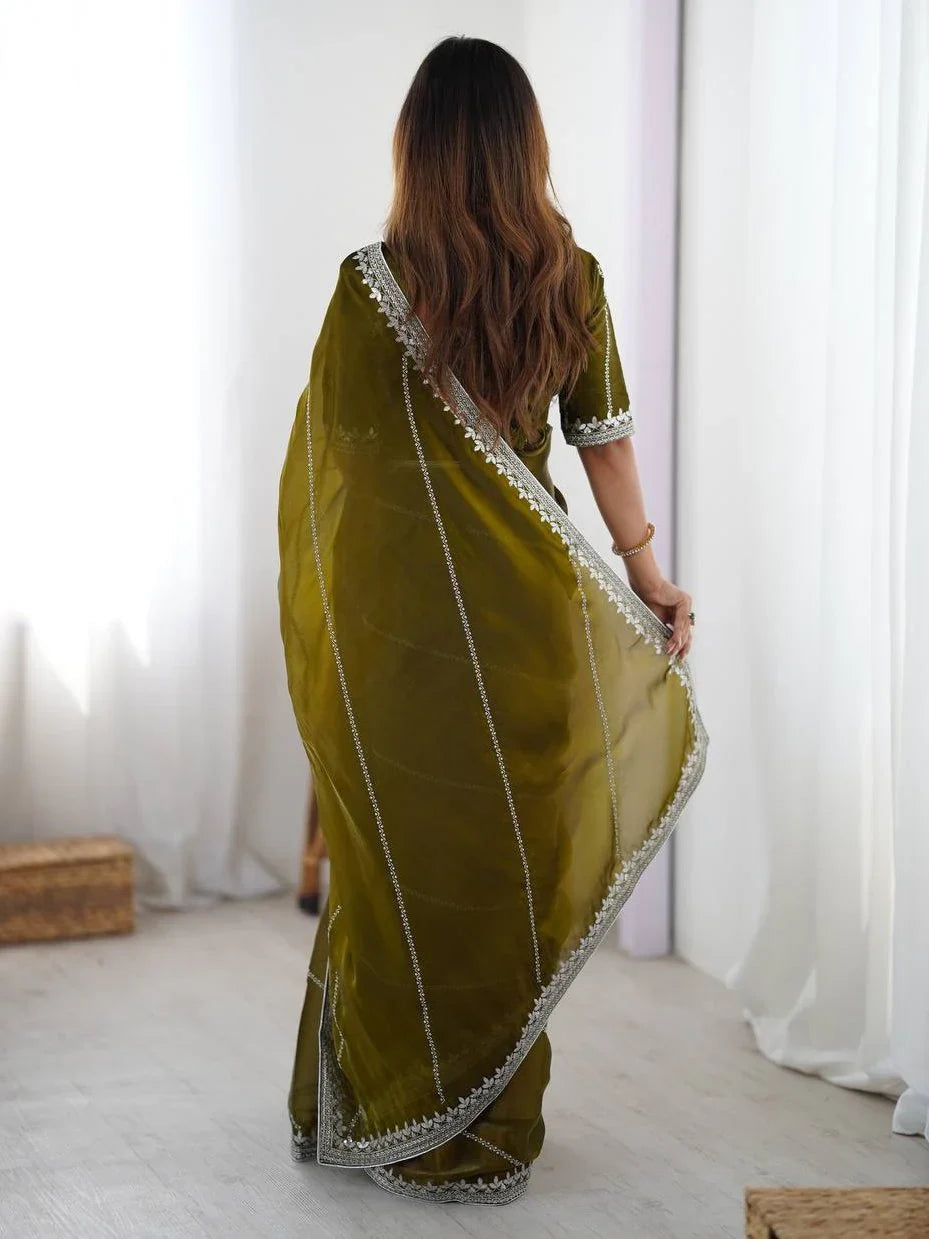 Green Elegant Sequins Silk Reception Wear Saree With Blouse