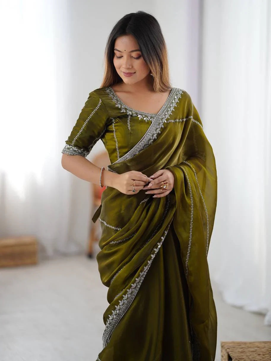 Green Elegant Sequins Silk Reception Wear Saree With Blouse
