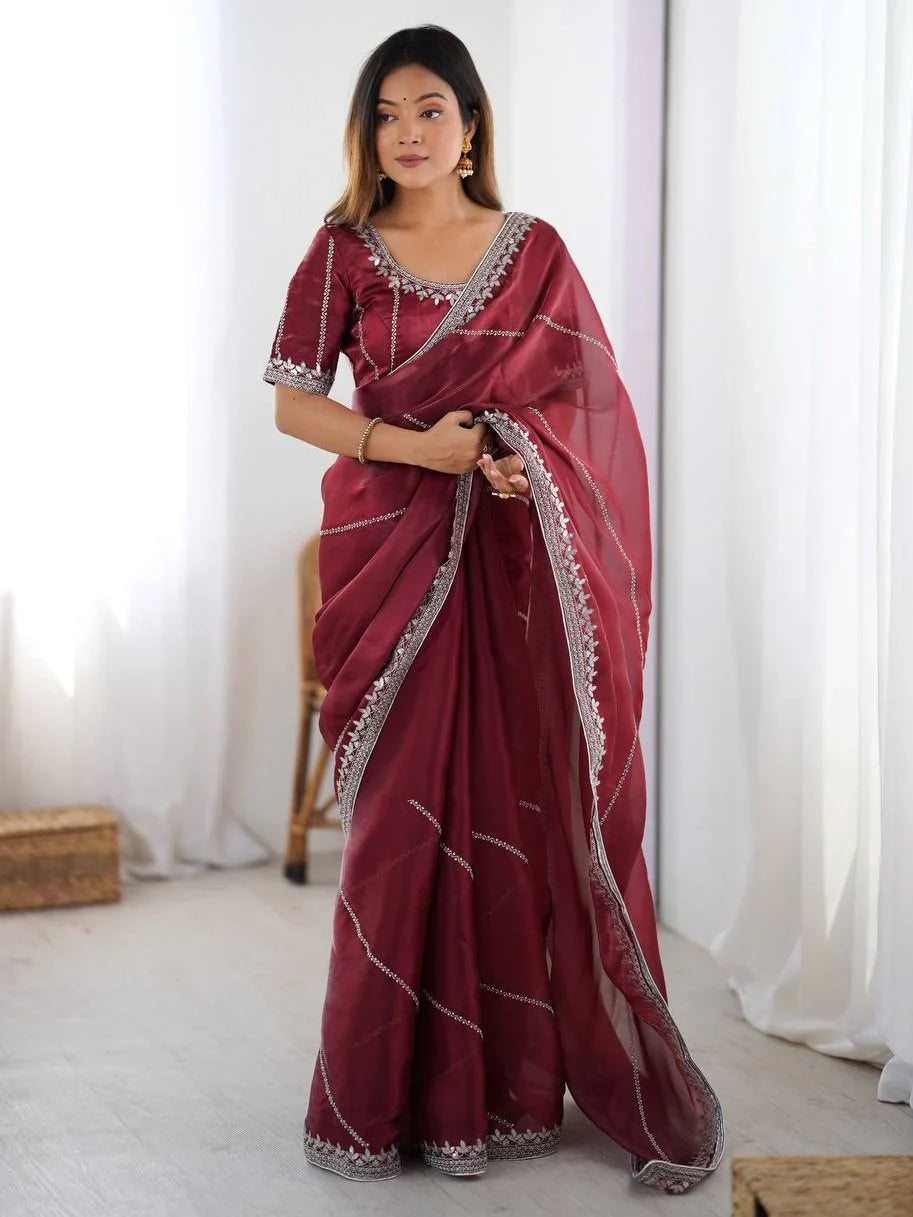 Maroon Elegant Sequins Silk Reception Wear Saree With Blouse