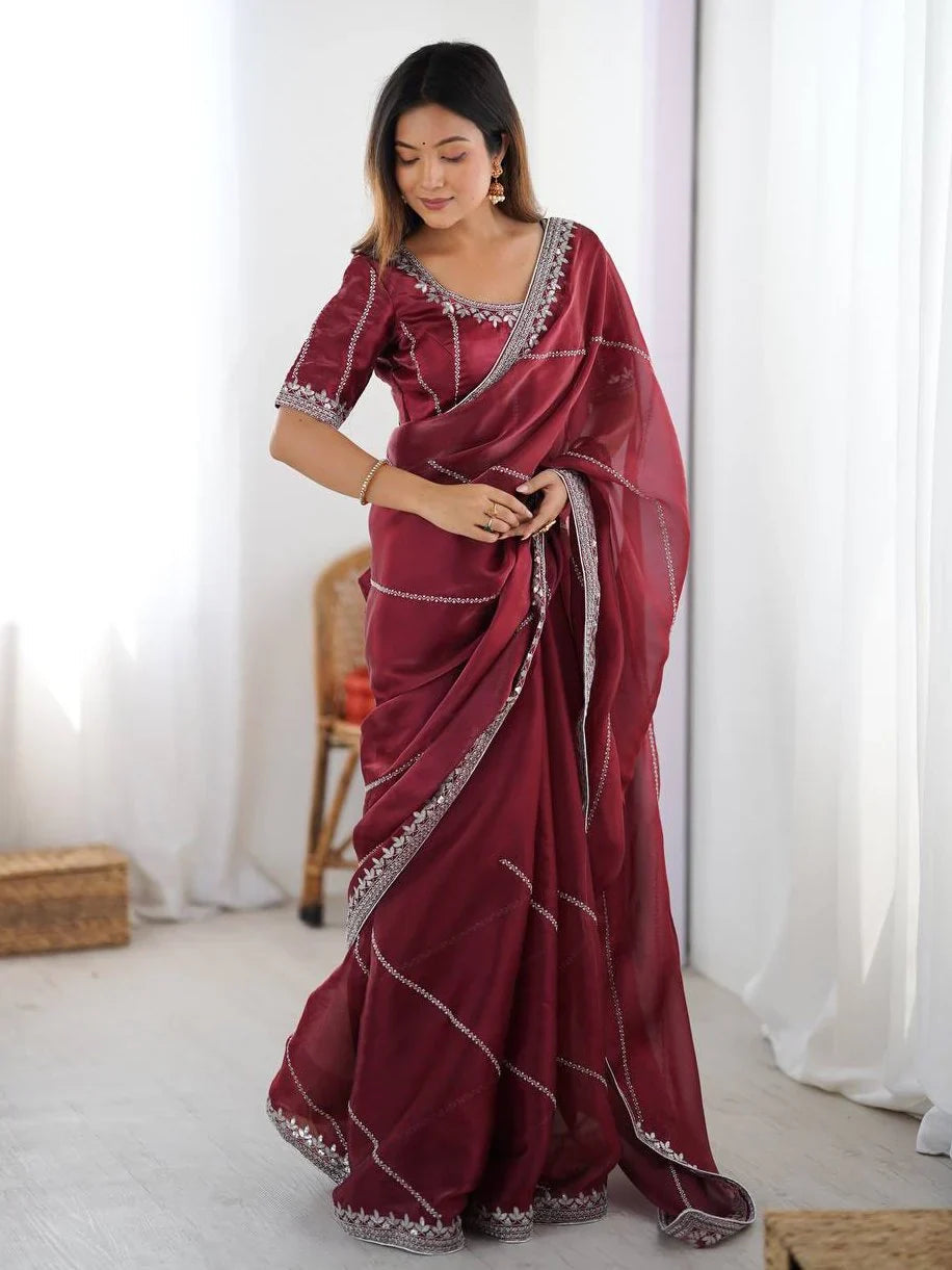 Maroon Elegant Sequins Silk Reception Wear Saree With Blouse