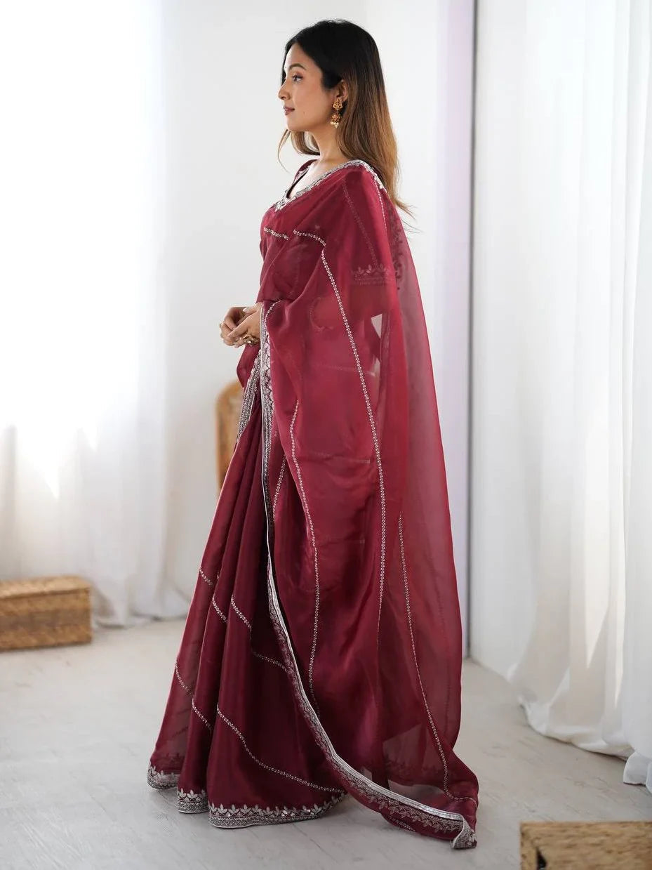 Maroon Elegant Sequins Silk Reception Wear Saree With Blouse
