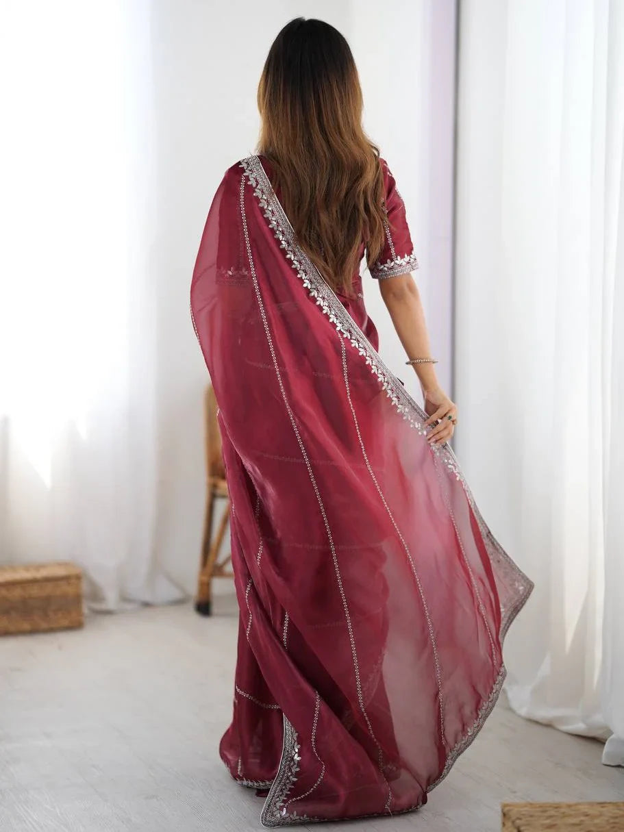 Maroon Elegant Sequins Silk Reception Wear Saree With Blouse