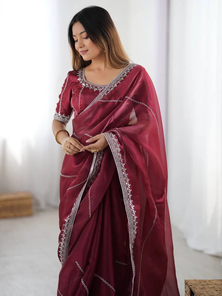 Maroon Elegant Sequins Silk Reception Wear Saree With Blouse