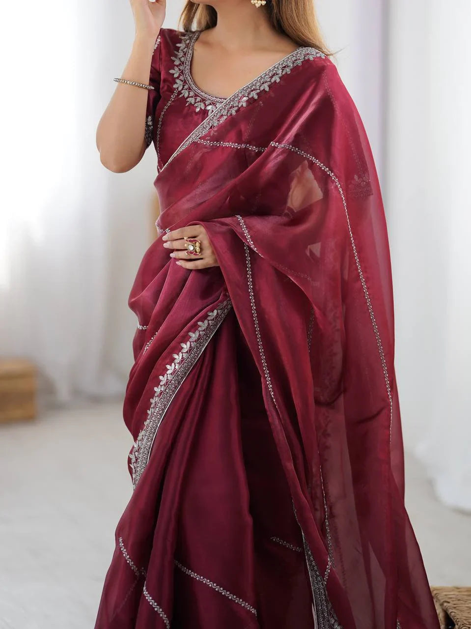 Maroon Elegant Sequins Silk Reception Wear Saree With Blouse