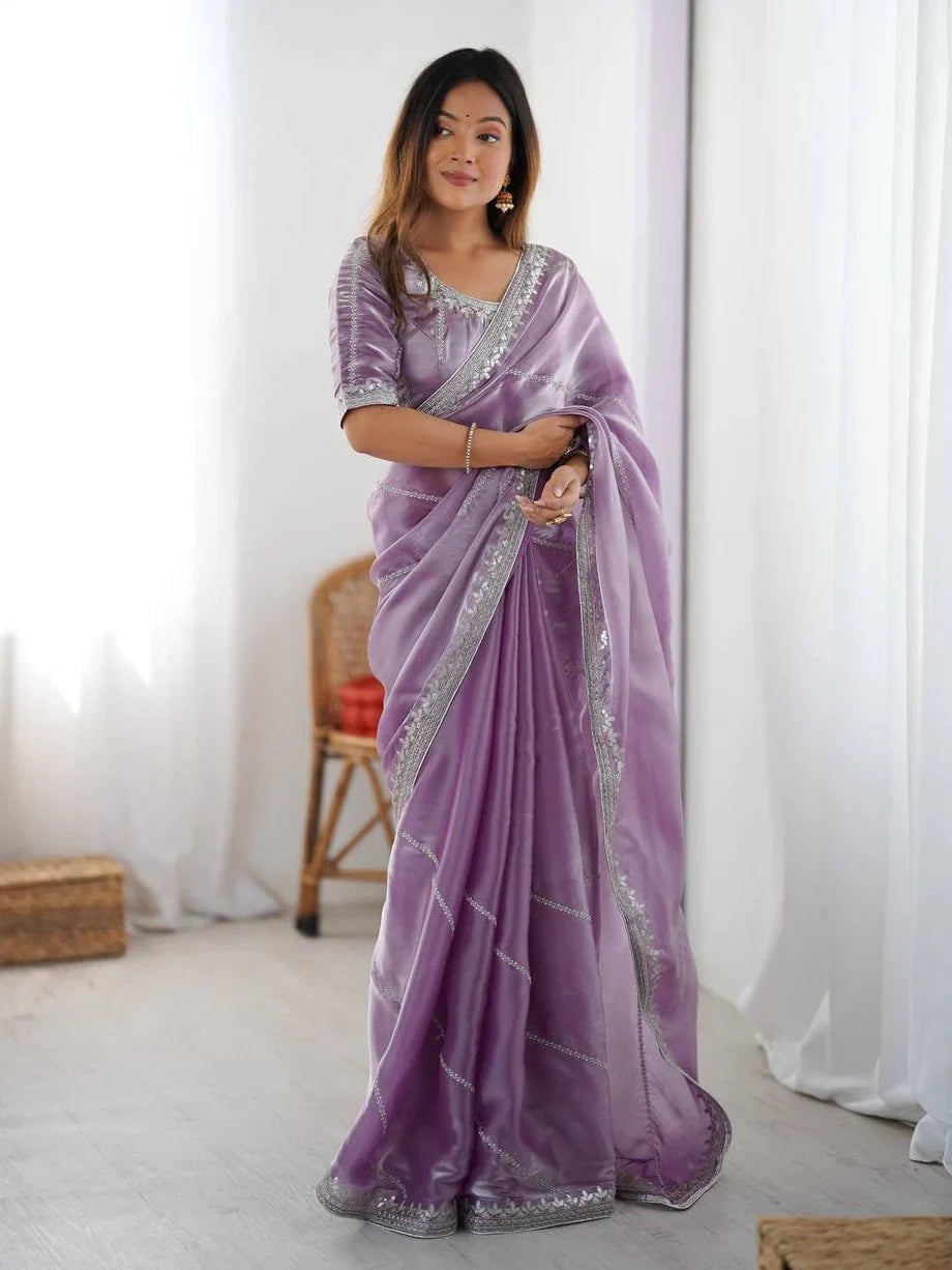 Lavender Elegant Sequins Silk Reception Wear Saree With Blouse