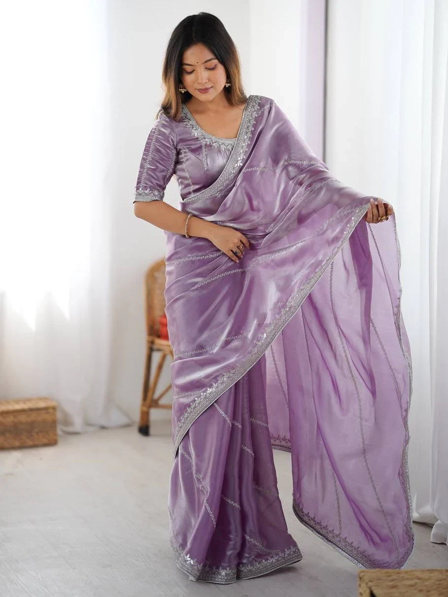 Lavender Elegant Sequins Silk Reception Wear Saree With Blouse