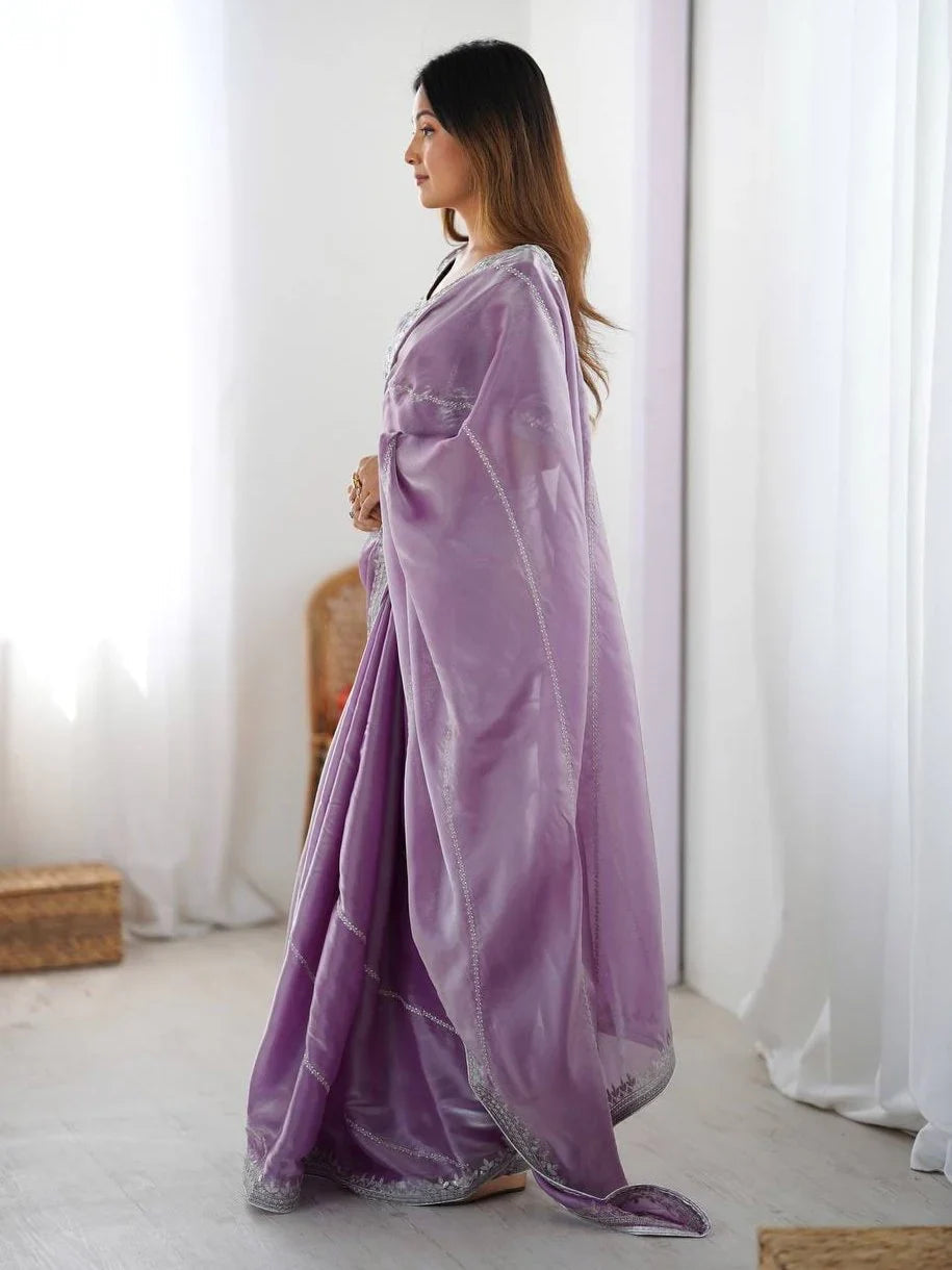 Lavender Elegant Sequins Silk Reception Wear Saree With Blouse
