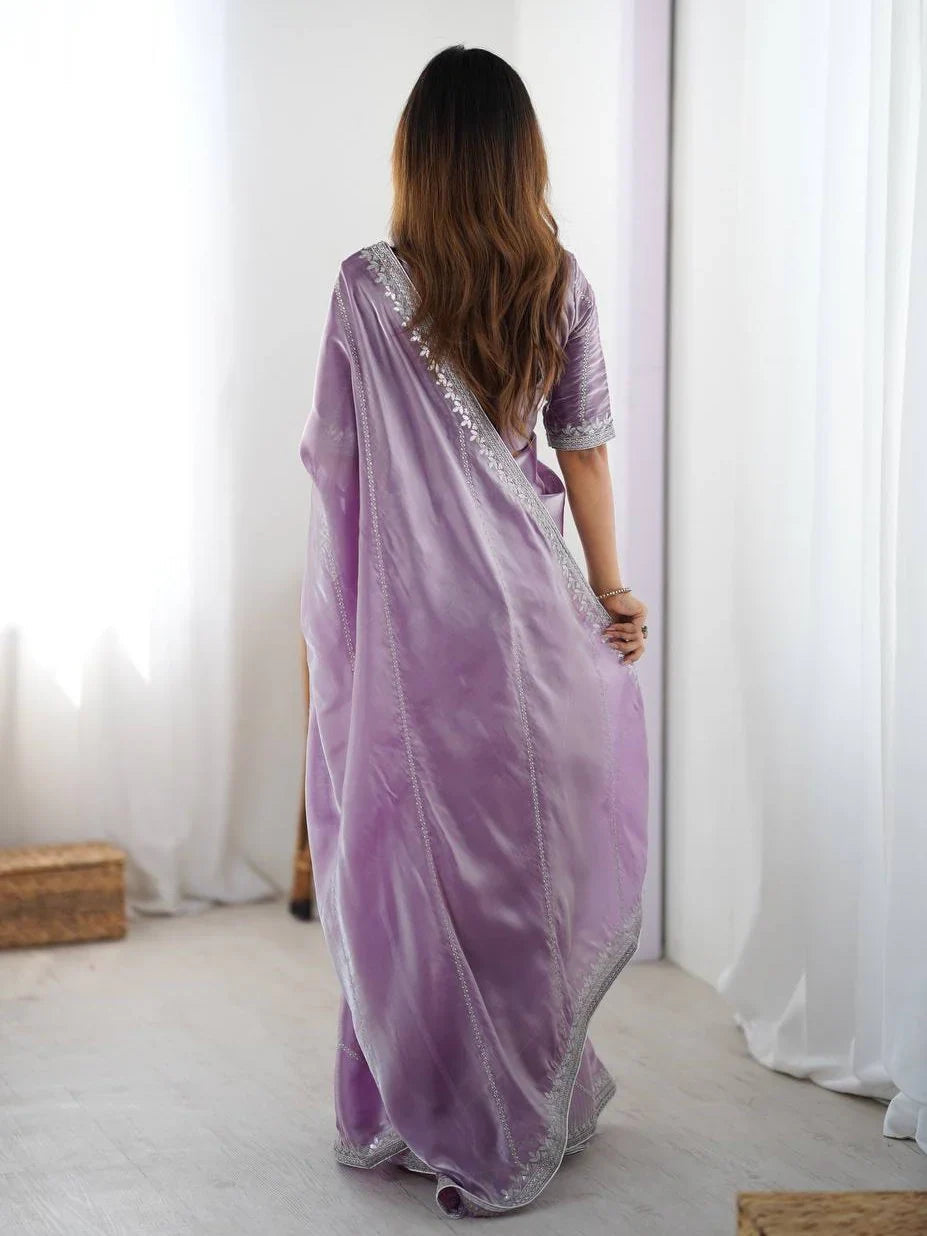 Lavender Elegant Sequins Silk Reception Wear Saree With Blouse