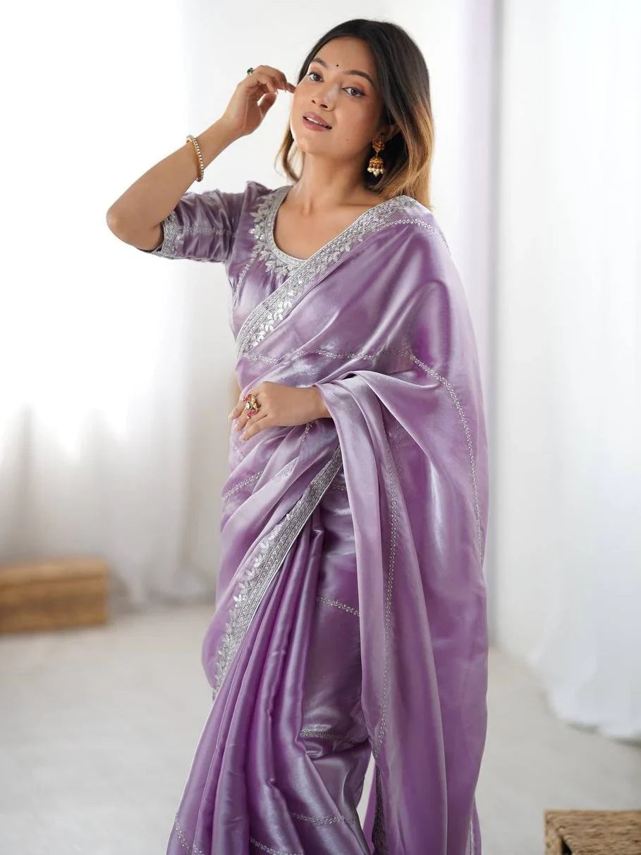 Lavender Elegant Sequins Silk Reception Wear Saree With Blouse