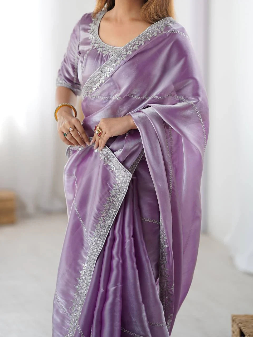 Lavender Elegant Sequins Silk Reception Wear Saree With Blouse