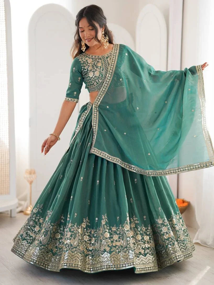 Sea Green Mesmerizing Thread Work Silk Wedding Lehenga Choli With Dupatta