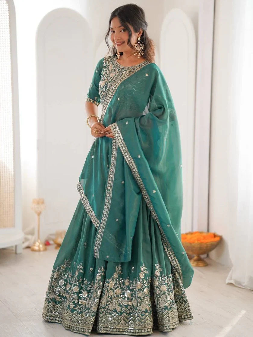 Sea Green Mesmerizing Thread Work Silk Wedding Lehenga Choli With Dupatta
