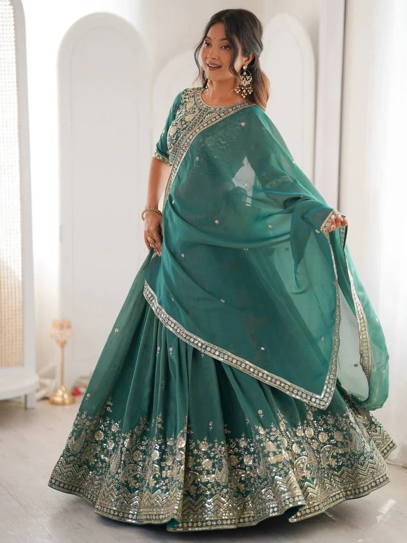 Sea Green Mesmerizing Thread Work Silk Wedding Lehenga Choli With Dupatta