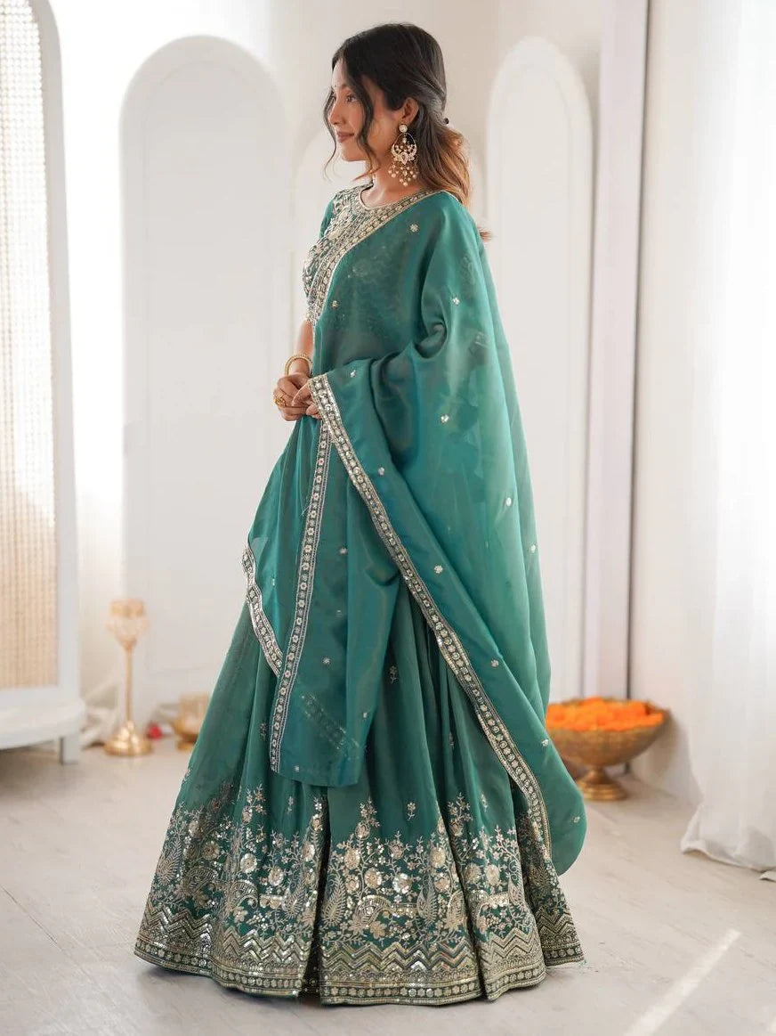 Sea Green Mesmerizing Thread Work Silk Wedding Lehenga Choli With Dupatta